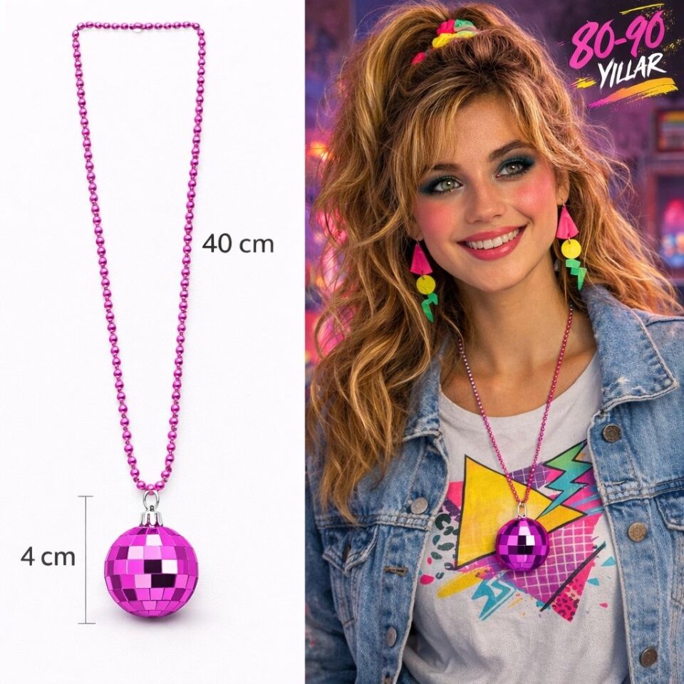 Mey İthalat® Retro Disko Topu Şekilli 80 ler 90 lar Fuşya Pembe Renk Plastik Kolye