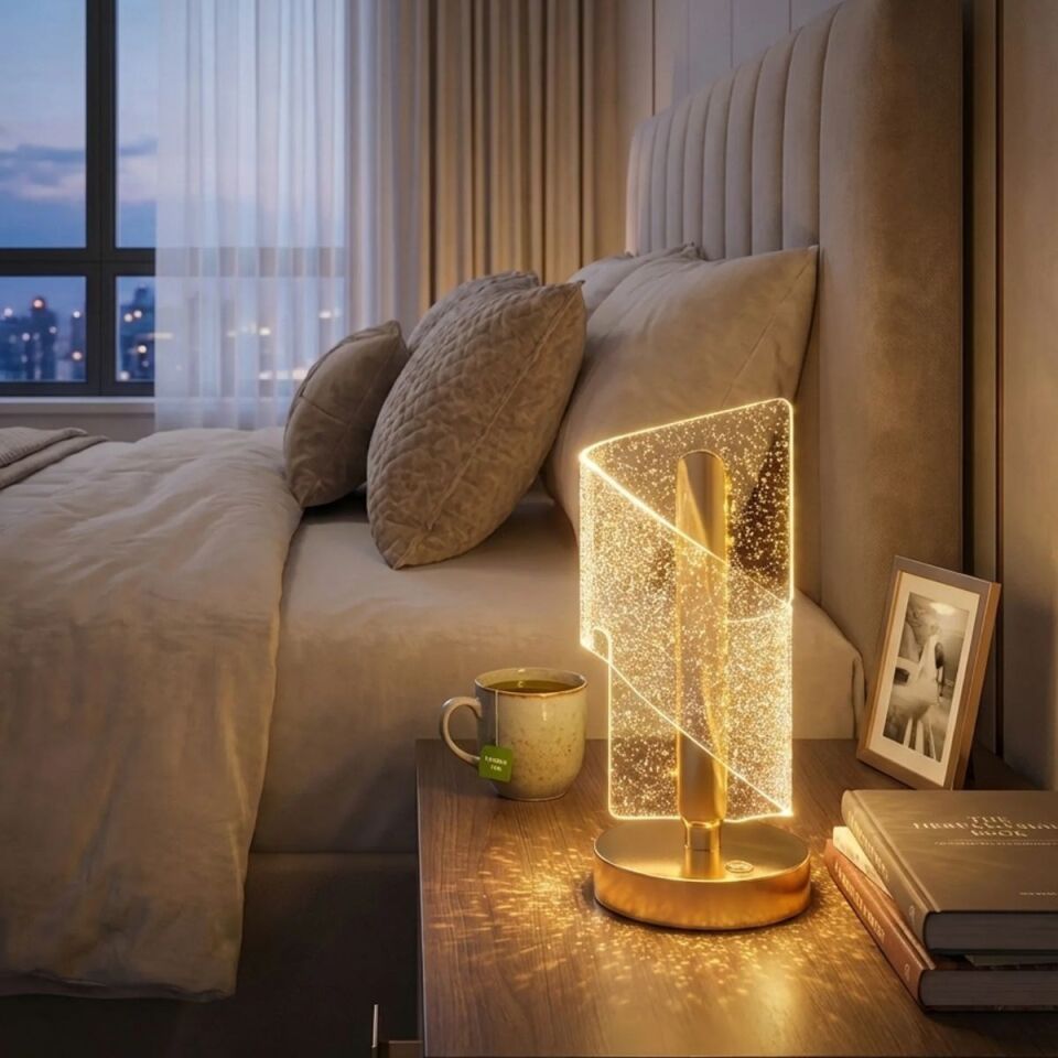 AD Çapraz Kavisli Kristal Simli LED Masa Lambası – Gold Gövdeli, Dokunmatik, 3 Kademe Işık Ayarlı Şarjlı Dekoratif Lamba