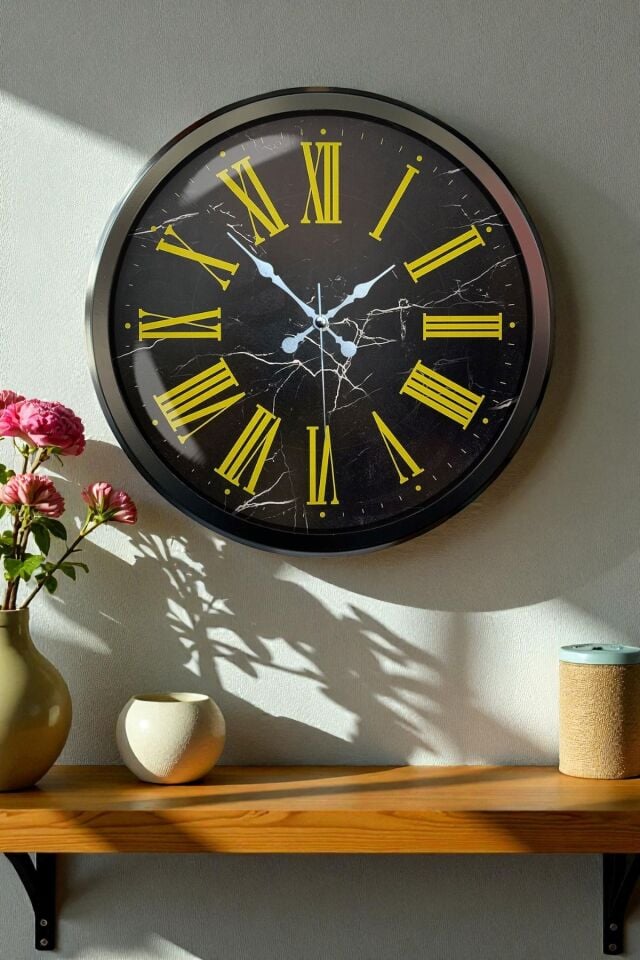 Siyah Mermer Desenli 52 Cm Metal Duvar Saati
