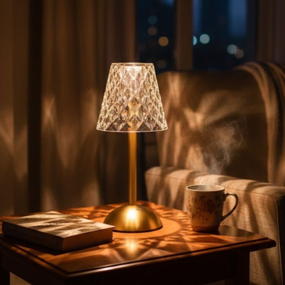 AD Uzun Klasik Şeffaf Baklava Model LED Masa Lambası – Dokunmatik, 3 Renk Işık Modlu, Şarjlı Dekoratif Gece Lambası