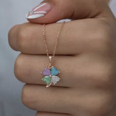 925 Ayar Gümüş Rose Renkli Taşlı Yonca Kadın Gümüş Kolye T6919 (491491)