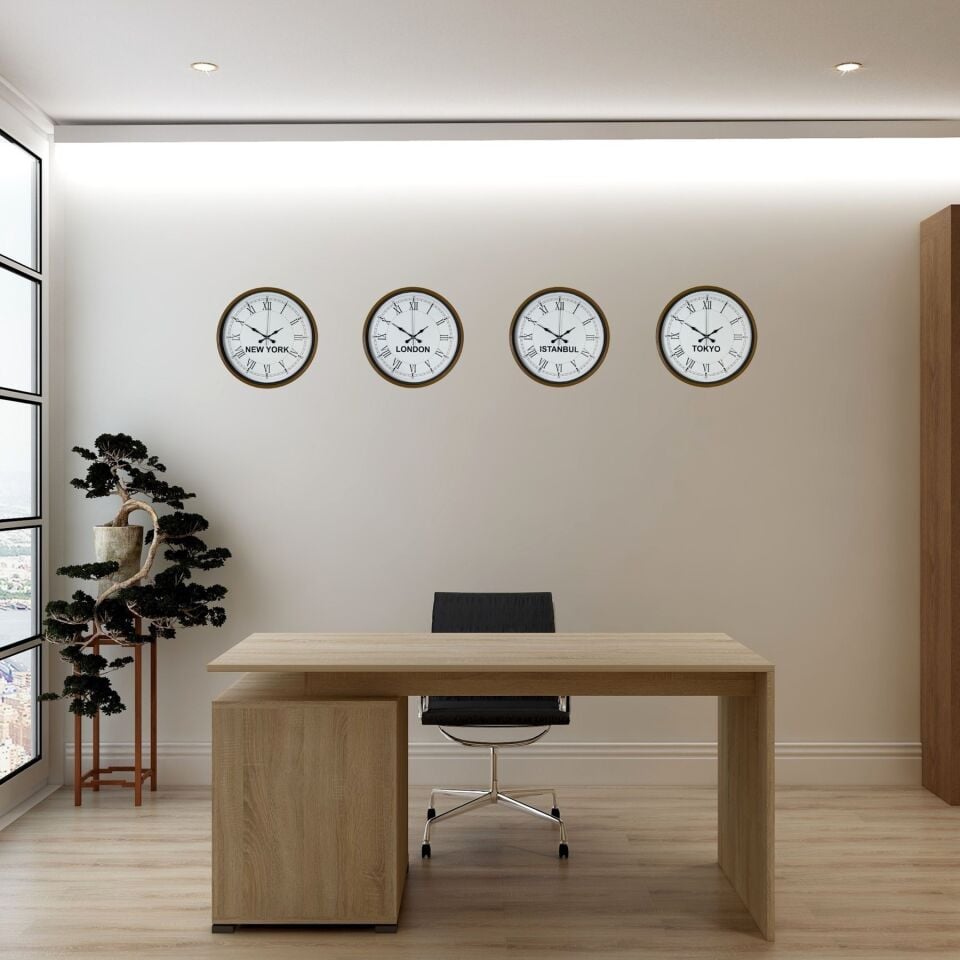 36 cm 4’lü Dünya Saatleri Kahverengi Roma Rakamlı