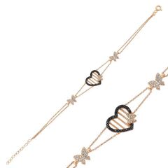 925 Ayar Gümüş Rose Kalpli Kelebek Bileklik BR0460282 (491491)