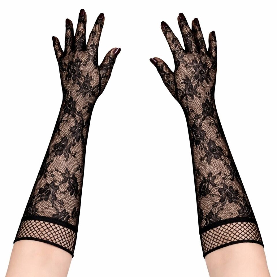 Mey İthalat® Siyah Uzun Gül Desenli Dantel Kadın Eldiveni