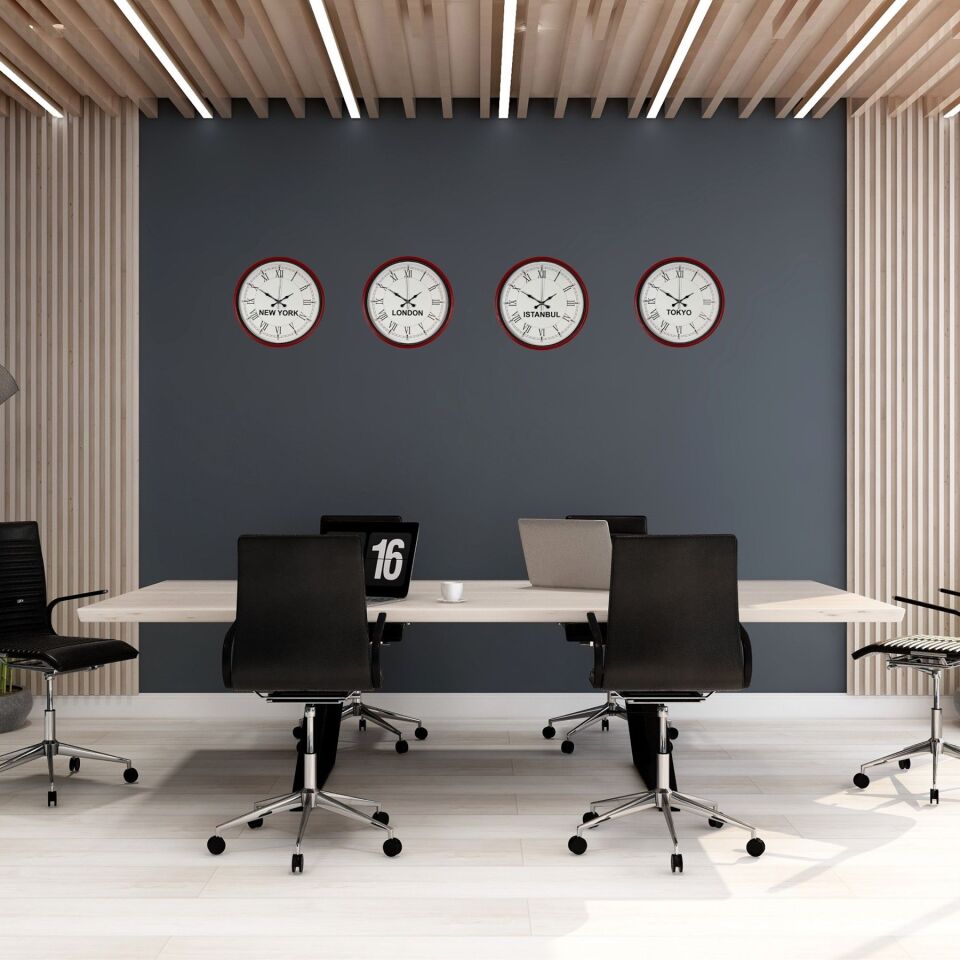 36 cm 4’lü Dünya Saatleri Kırmızı Roma Rakamlı