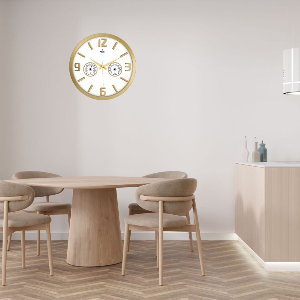 Gold Termometre ve Nem Ölçerli Kabartma Rakamlı Duvar Saati