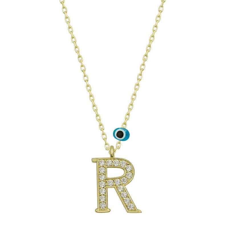 925 Ayar Gümüş Nazar Gold R Harfi Kadın Gümüş Kolye (T6794) (491491)