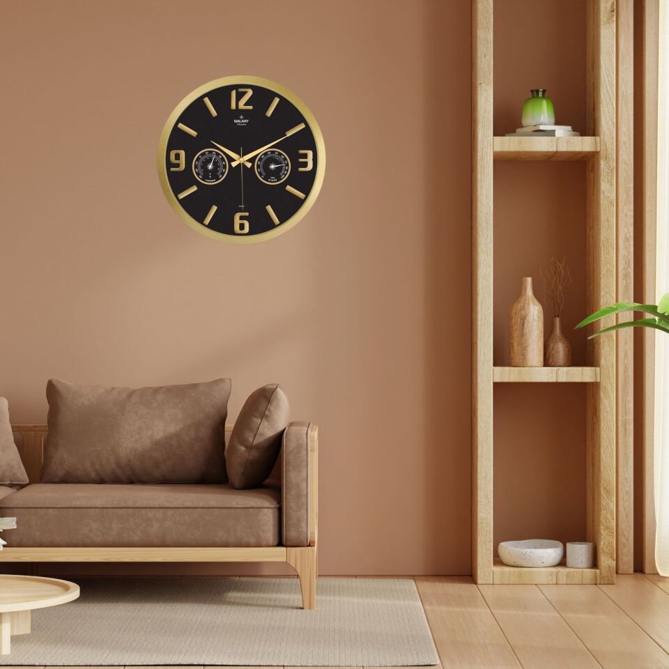 Gold Termometre ve Nem Ölçer Kabartma Rakamlı Duvar Saati