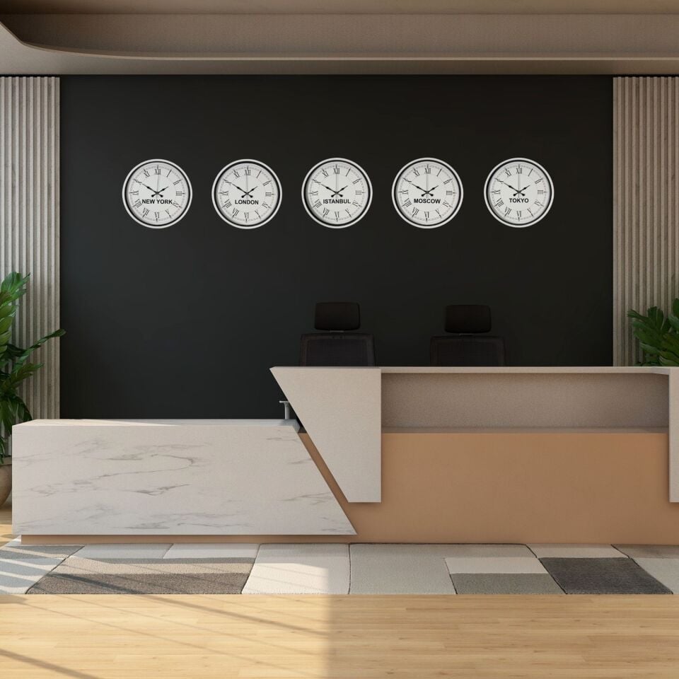 36 cm 5’li Dünya Saatleri Beyaz Klasik Roma Rakamlı