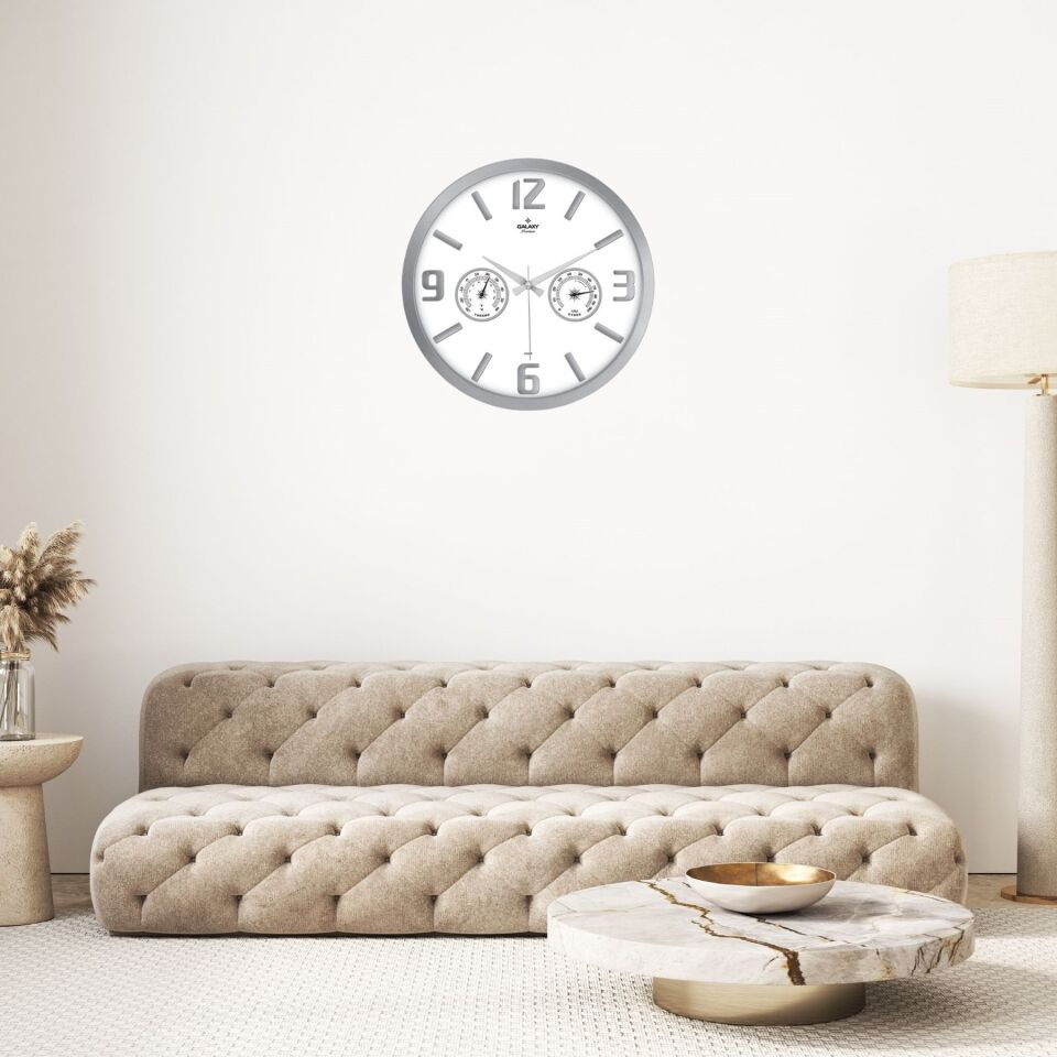 Krom Termometre ve Nem Ölçer Gümüş Kabartma Rakamlı Duvar Saati