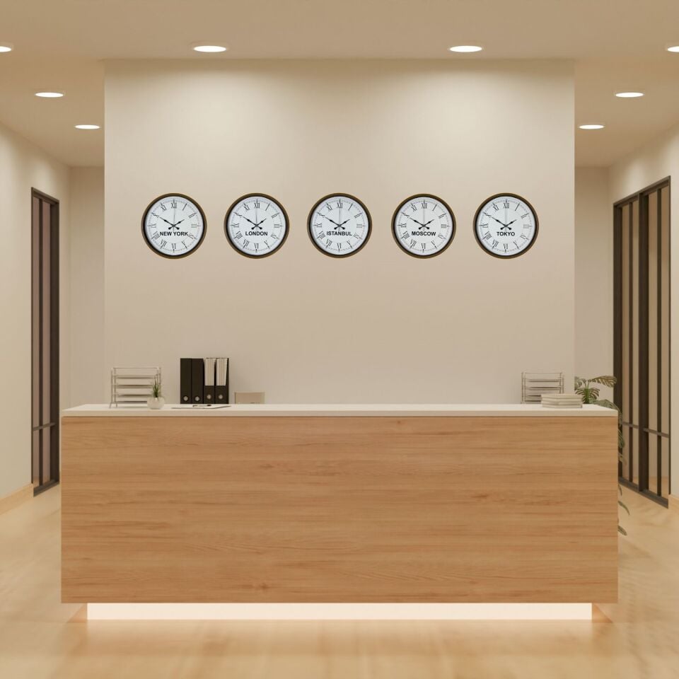 36 cm 5’li Dünya Saatleri Kahverengi Roma Rakamlı