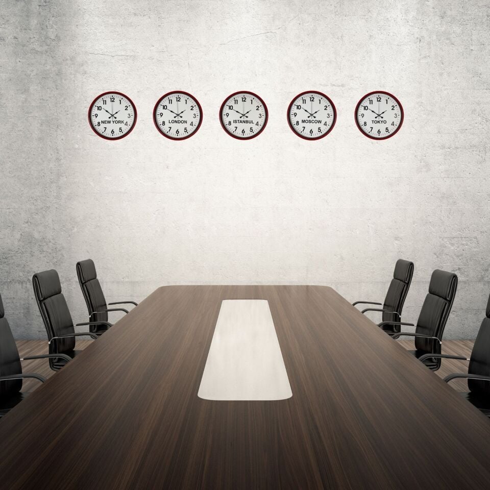 Otel Ofis İçin 5’li Dünya Saatleri Kırmızı 36 Cm