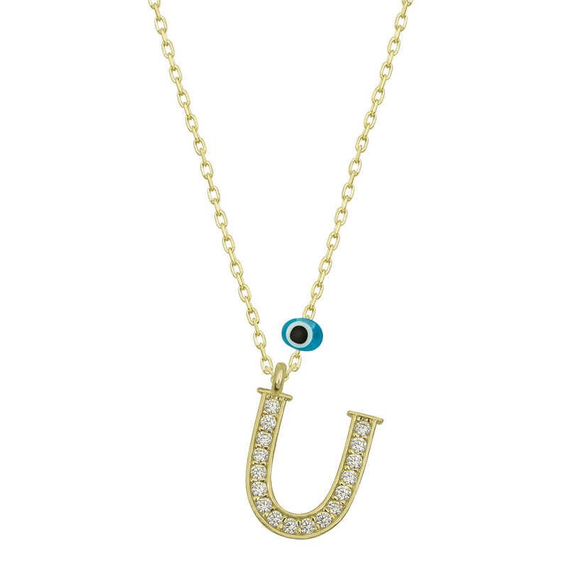 925 Ayar Gümüş Nazar Gold U Harfi Kadın Gümüş Kolye (T6798) (491491)