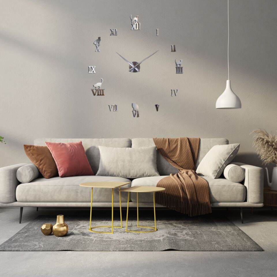 Kedi Figürlü Roma Rakamlı Kendin Yap Duvar Saati