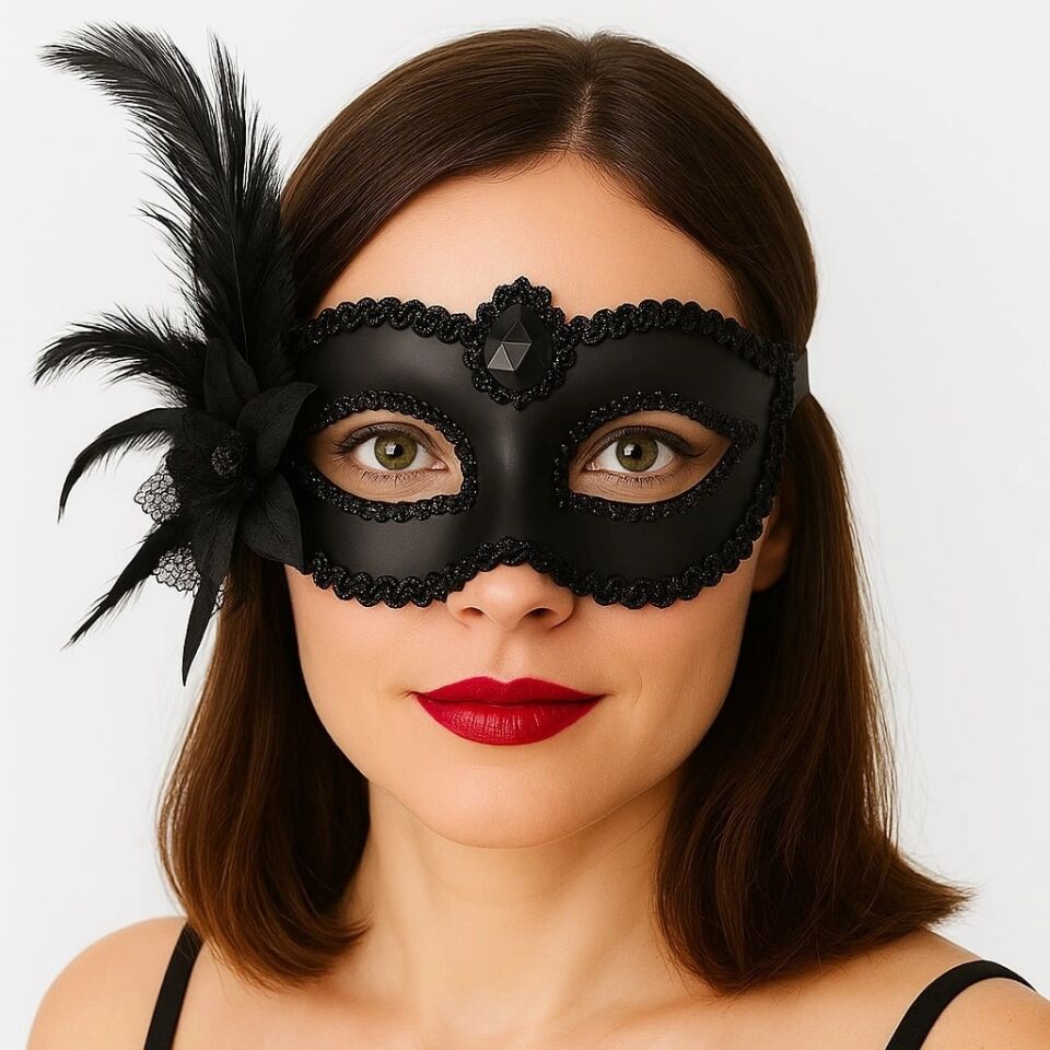 Mey İthalat® Siyah Mat Renk Yandan Tüylü Güllü Parti Balo Venedik Maskesi 16x22