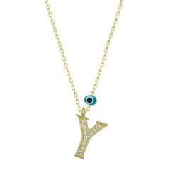925 Ayar Gümüş Nazar Gold Y Harfi Kadın Gümüş Kolye (T6801) (491491)