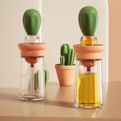 Kaktüs Yağdanlık 2 İn 1 Silikon Fırçalı Cam Yağdanlık Yumurta Ve  Sos Fırçası 150 ml (491491)
