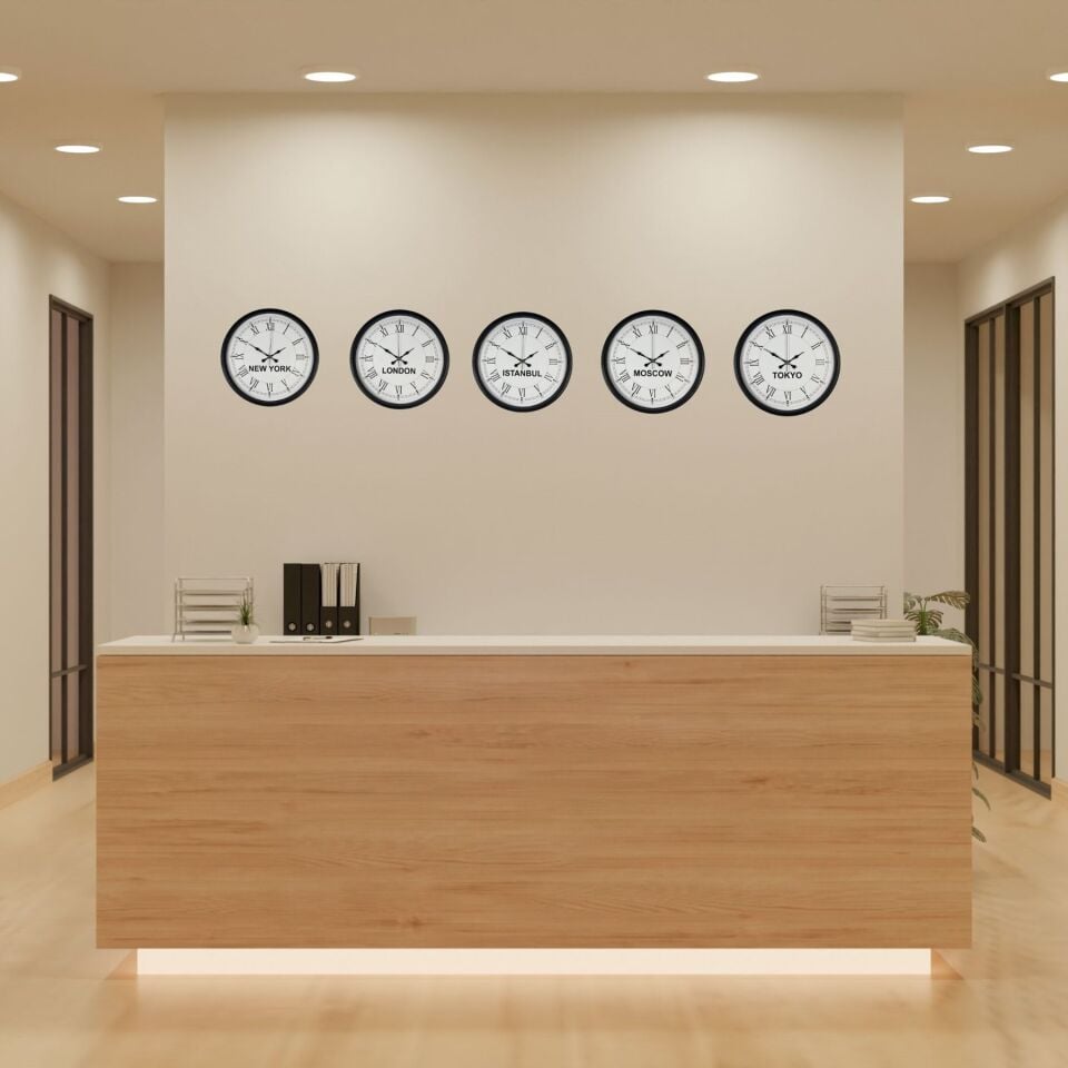 36 cm 5’li Dünya Saatleri Siyah Şık