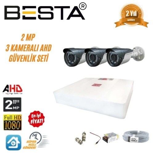 2MP Ahd 1080P Gece Görüşlü 3 Kameralı Güvenlik Sistemi