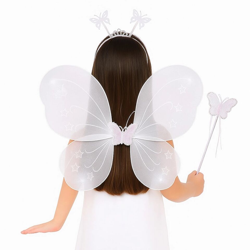 Mey İthalat® Beyaz Kelebek Kız Seti – 50 cm Kelebek Kanadı, Taç ve Asa