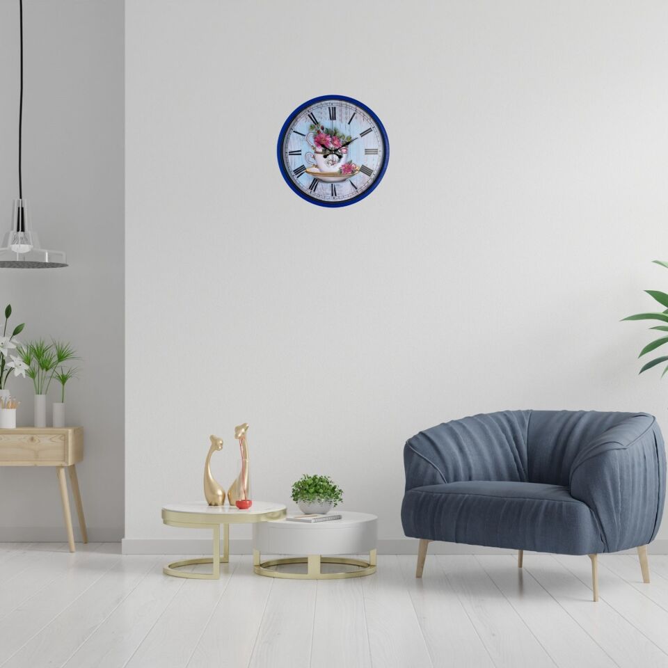 Lacivert Çiçek Desenli 36 Cm Duvar Saati