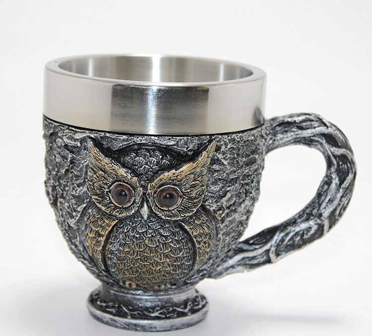 3D Kabartmalı Baykuş Büstü Paslanmaz Çelik Kupa Bardak