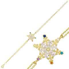 925 Ayar Gümüş Gold Renkli Taşlı Kar Tanesi Kadın Bileklik T7106 (491491)