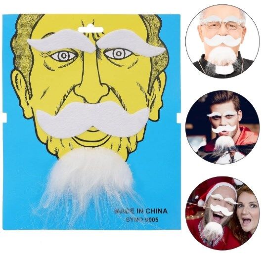 Mey İthalat® Beyaz Renk Kendinden Yapışkanlı Takma Sakal Bıyık ve Kaş Seti