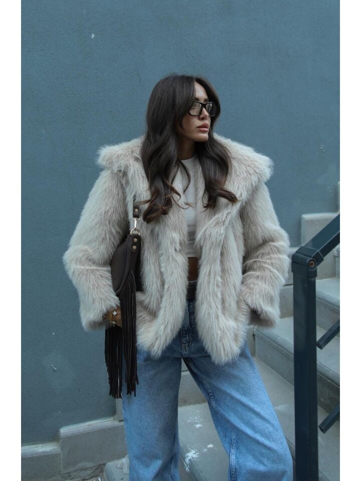 Kadın Bej Premium Suni Kürk Ceket