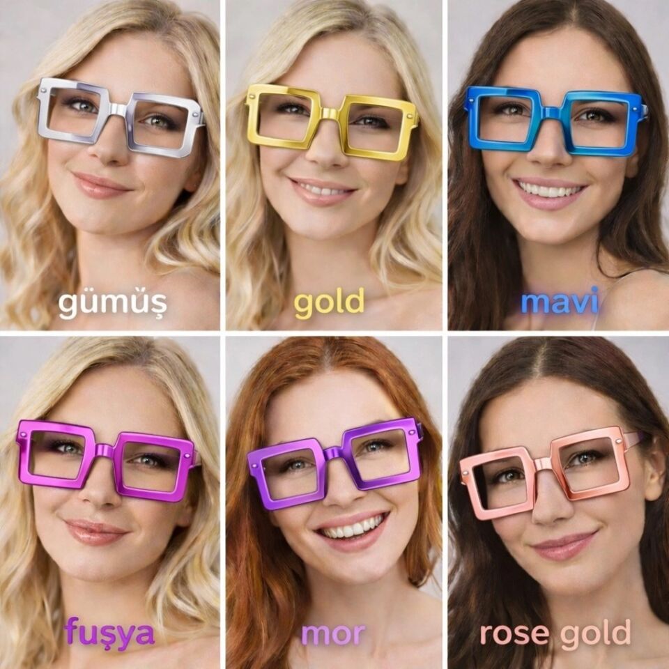Mey İthalat® Kare Şekilli Parti Gözlüğü 12 Adet – 6 Renk ( Camsız )