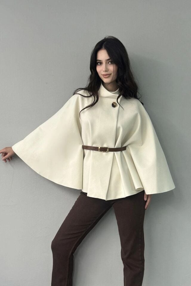 HAKİM YAKA KEMER DETAYLI KAŞE PANÇO