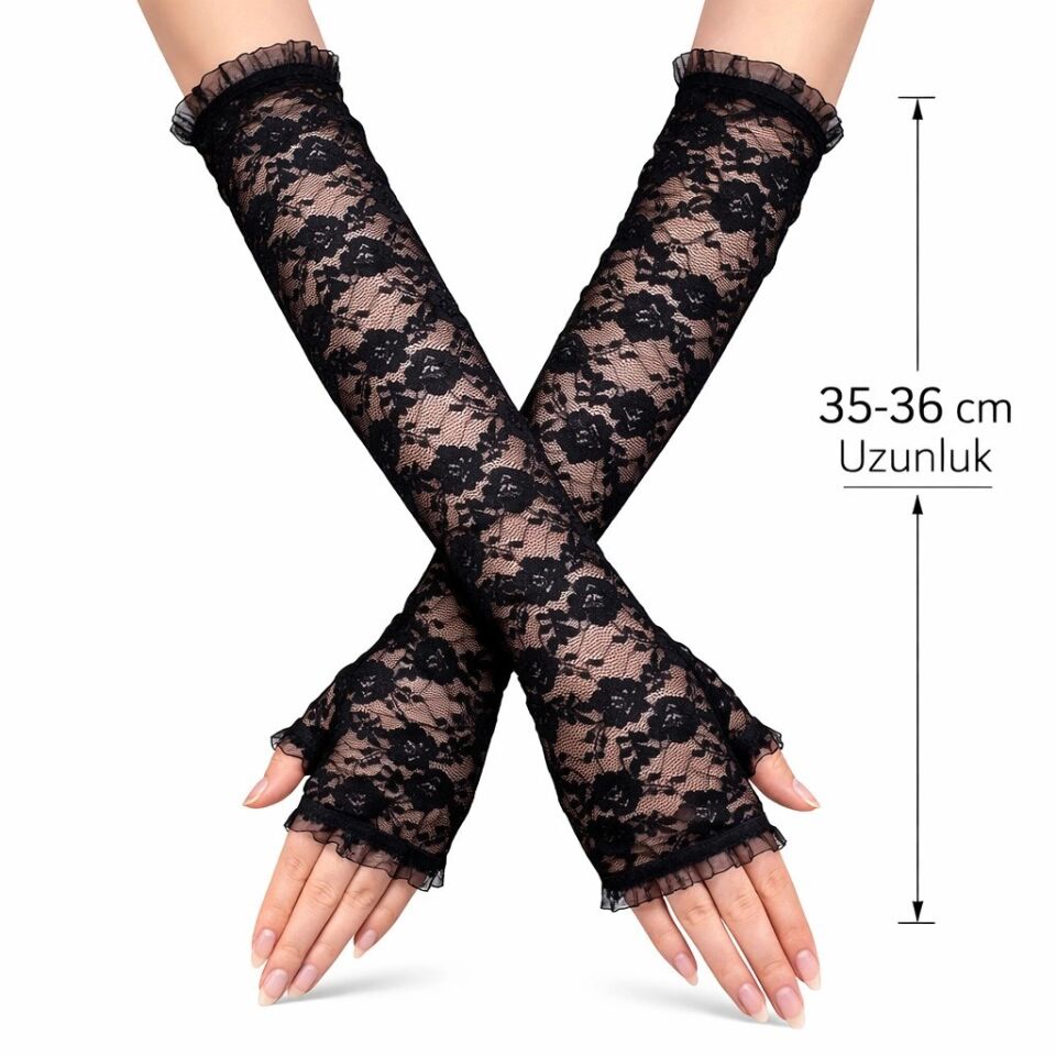 Mey İthalat® Uzun Zarif Dantel Eldiven Parmaksız Siyah 35 cm