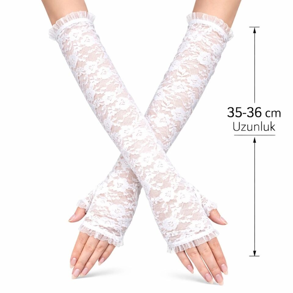 Mey İthalat® Uzun Zarif Dantel Eldiven Parmaksız Beyaz 35 cm