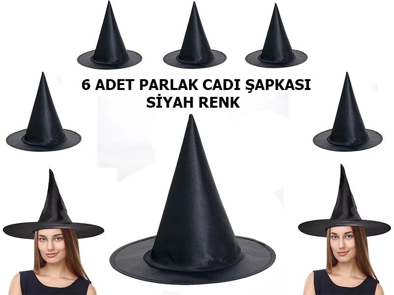 Mey İthalat® Siyah Renk Parlak Dralon Cadı Şapkası Yetişkin ve Çocuk Uyumlu 6 Adet