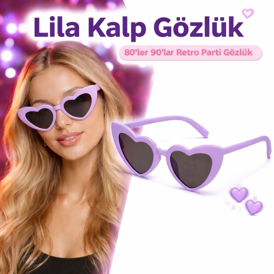 Mey İthalat® Mor Lila Retro Kalp Gözlük – 80’ler 90’lar Stil Parti Gözlüğü