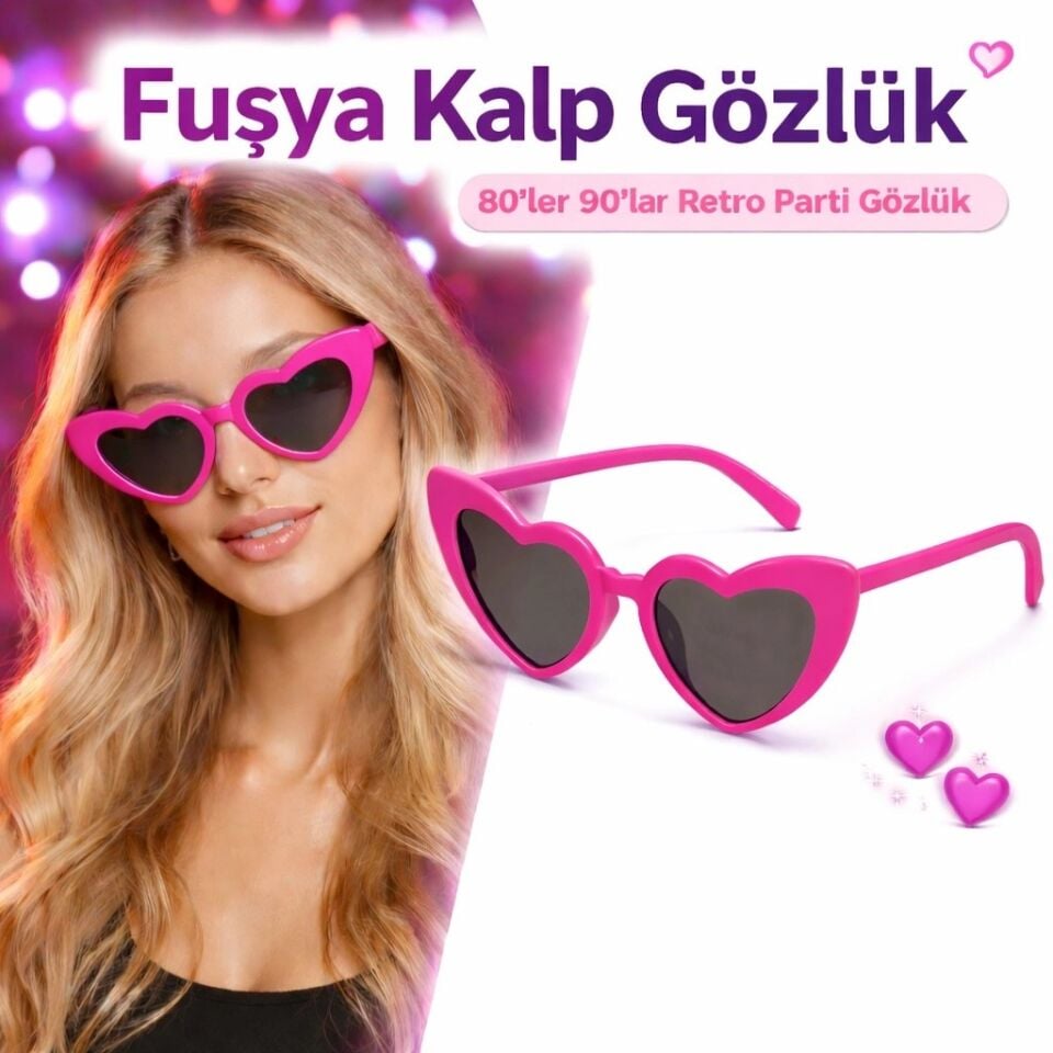 Mey İthalat® Fuşya Pembe Retro Kalp Gözlük – 80’ler 90’lar Stil Parti Gözlüğü