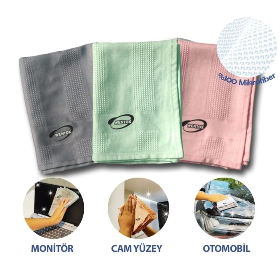 AD İz Bırakmayan Mikrofiber Temizlik Bezi 3'lü Set Cam ve Ayna Silme Toz Alma Temizlik Bezi