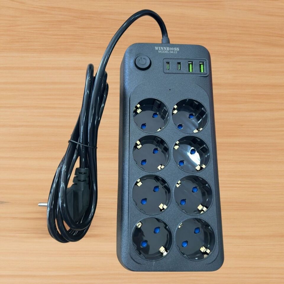 AD Akım Korumalı Termal Uzatma Kablosu – 8 Priz, 2 USB ve 2 Type-C Girişli, Güçlü Çoklu Priz