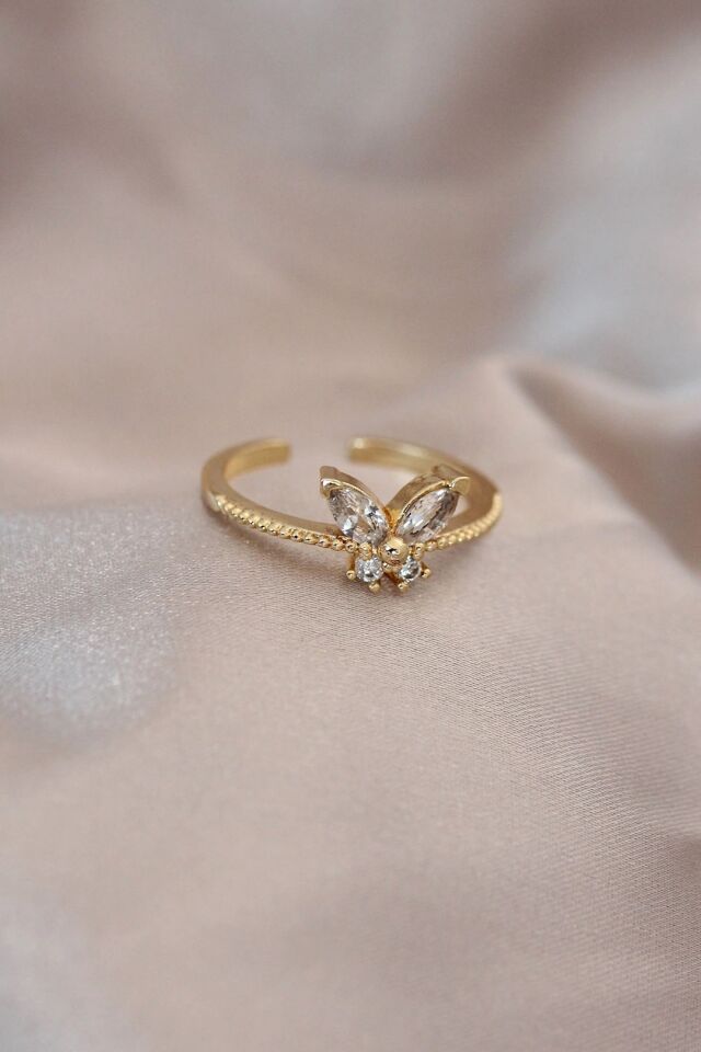 Mey İthalat® Ayarlamalı Altın Renk Metal Zirkon Taş ve Kristal Taşlı Kelebek Model Yüzük