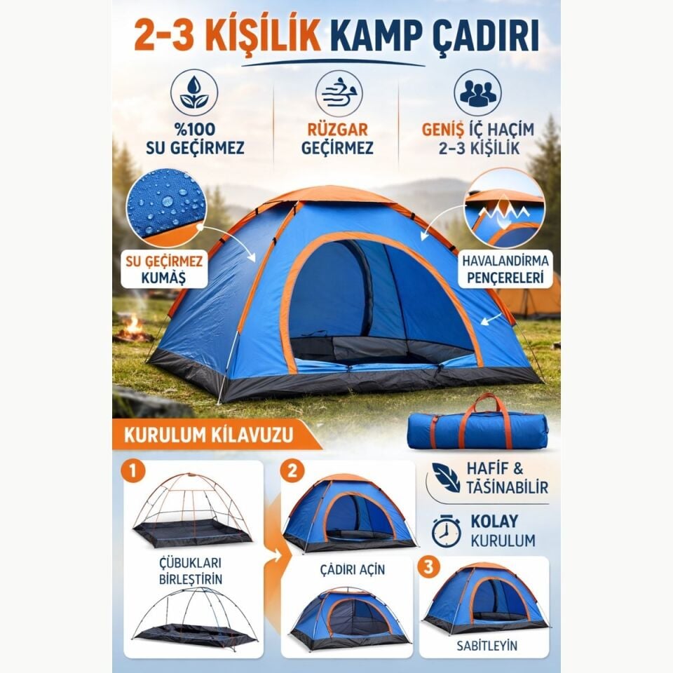 AD 6 Kişilik Manuel Kurulum Kamp Çadırı – Aile, Doğa, Piknik ve Outdoor Kamp Çadırı 220x250x150 cm