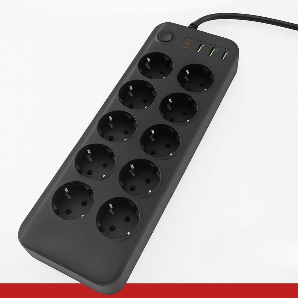 AD Akım Korumalı Termal Uzatma Kablosu – 10 Priz, 2 USB ve 2 Type-C Girişli, Güçlü Çoklu Priz