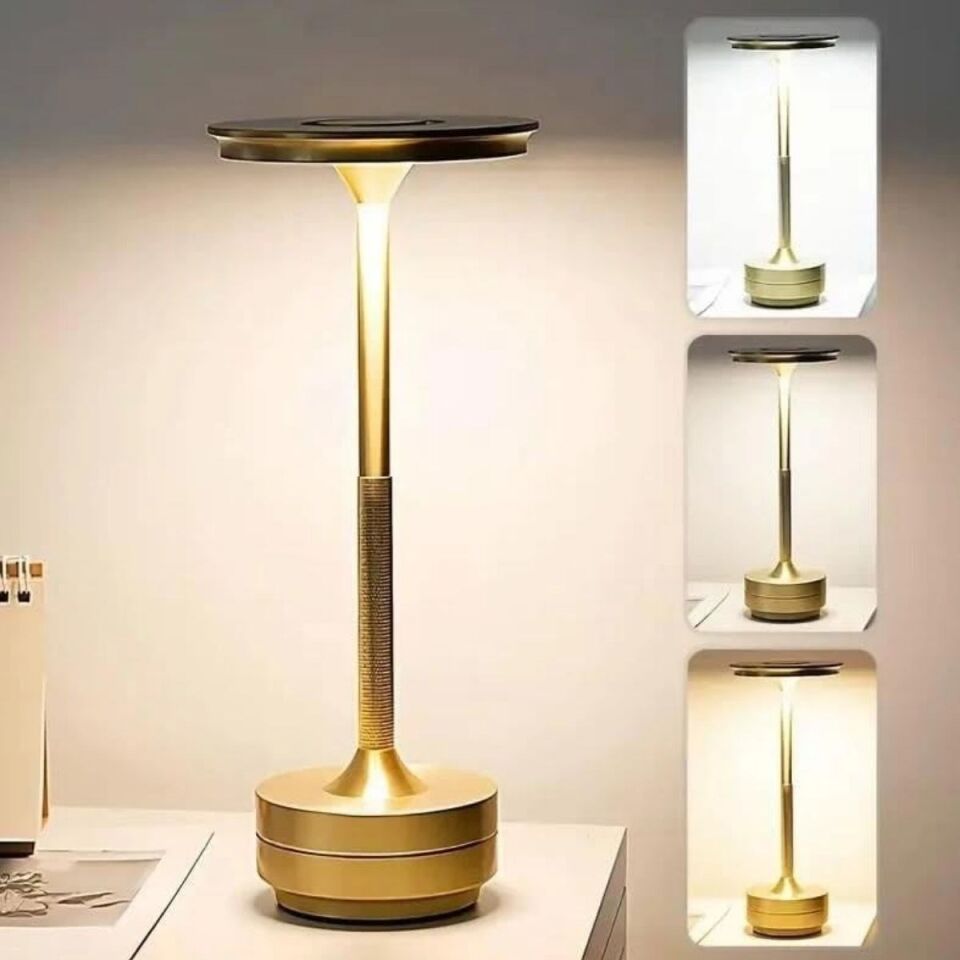 AD Eskitme Gold Kasa Dokunmatik Şarjlı Masa Lambası – 3 Renk Işık Modlu, LED Aydınlatmalı, Modern & Dekoratif Abajur