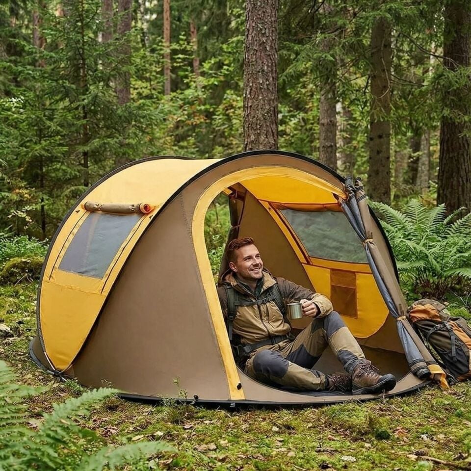 AD 2 Kişilik Vagon Tipi Yarı Otomatik Kamp Çadırı – Çift Kapılı, Çift Pencereli, Hafif Taşınabilir Outdoor Doğa Çadırı 220x120x90 cm