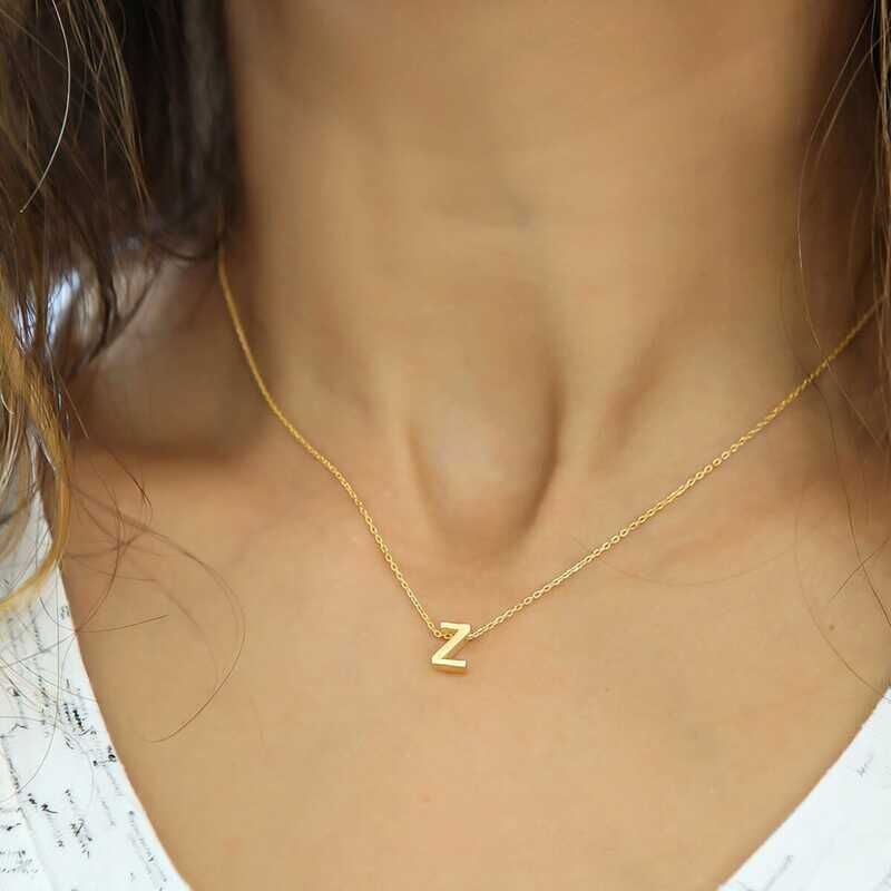 925 Ayar Gümüş 3 Boyutlu Z Harf Gold Kadın Gümüş Kolye (T5934) (491491)