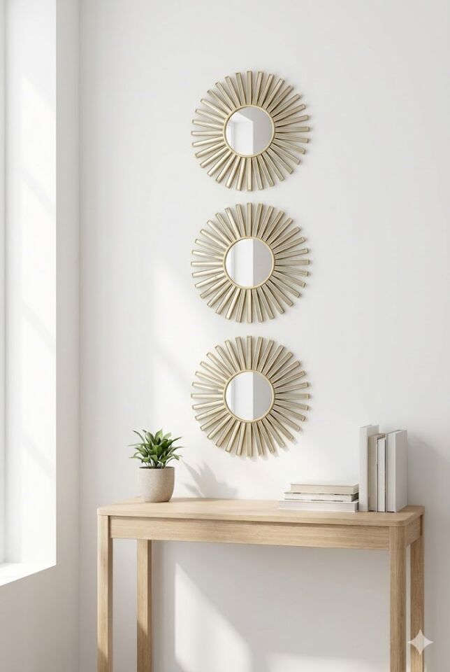 3’lü Gold Güneş Desenli Duvar Aynası Seti 27 cm | Dekoratif Yuvarlak Ayna