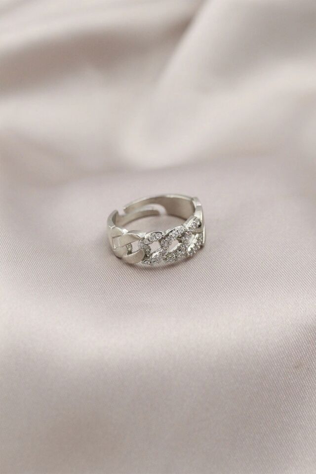 Mey İthalat® Gümüş Renk Metal Zincir Model Taşlı Kadın Yüzük