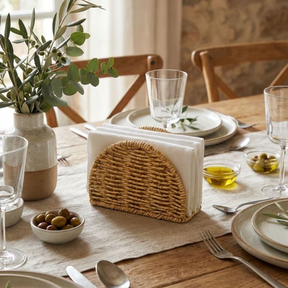 AD Dekoratif Plastik Rattan Yarım Yuvarlak Peçetelik–Doğal Hasır Dokulu Masaüstü Peçete Standı