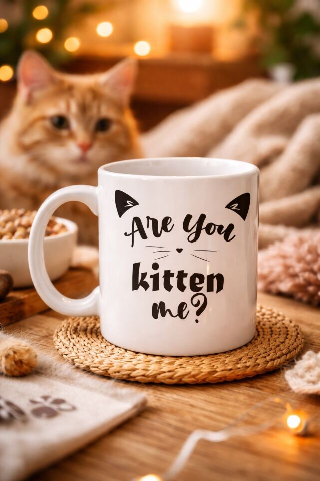 Are You Kitten Me? Yazılı Kedi Temalı Porselen Kupa MODEL 58 Sevimli Tasarım, Kahve & Çay Kupası