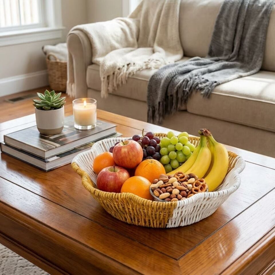 AD Çiçek Model Çift Renkli Plastik Rattan Ekmek ve Meyve Sepeti - Çok Amaçlı Banyo ve Mutfak Düzenleyici - Yıkanabilir Organizer