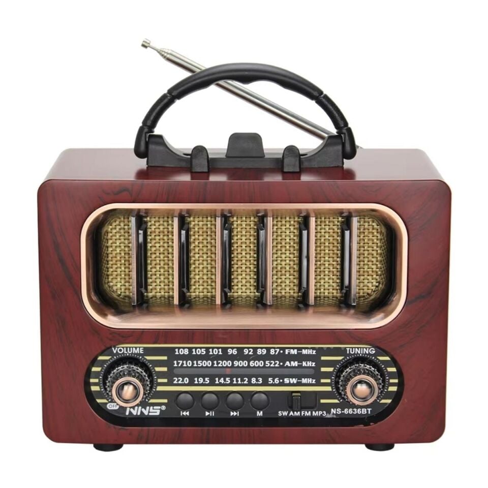BUFFER® Orta Boy Retro Ahşap Tasarım Bluetooth Hoparlörlü Radyo – FM/AM Destekli, Şarjlı ve Taşınabiliri Radyo NS-6636